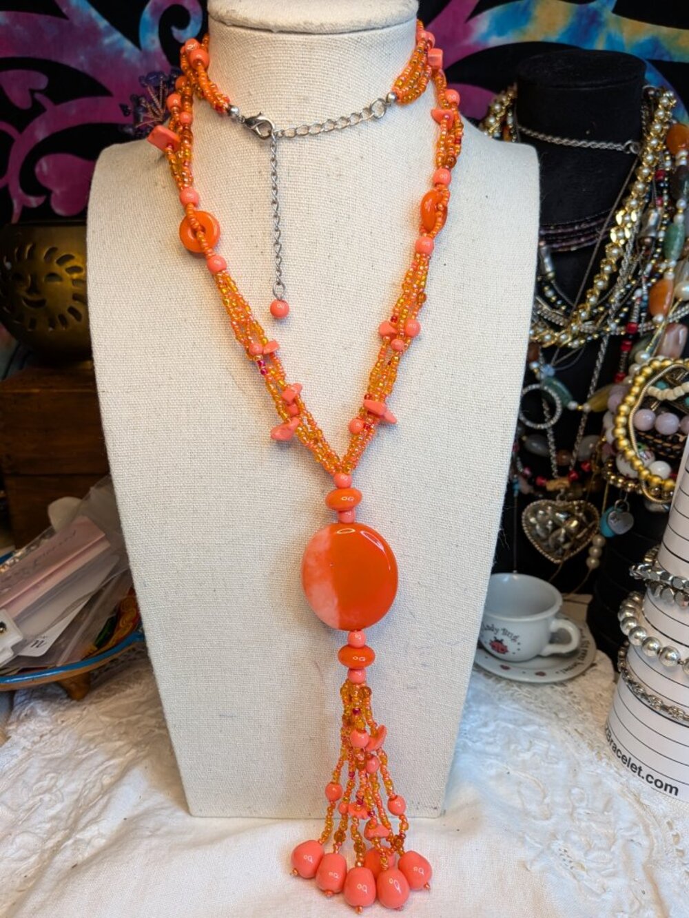 Coral‑Orange Glass Bead Y Necklace – Swirled Centerpiece & Tassel Drop